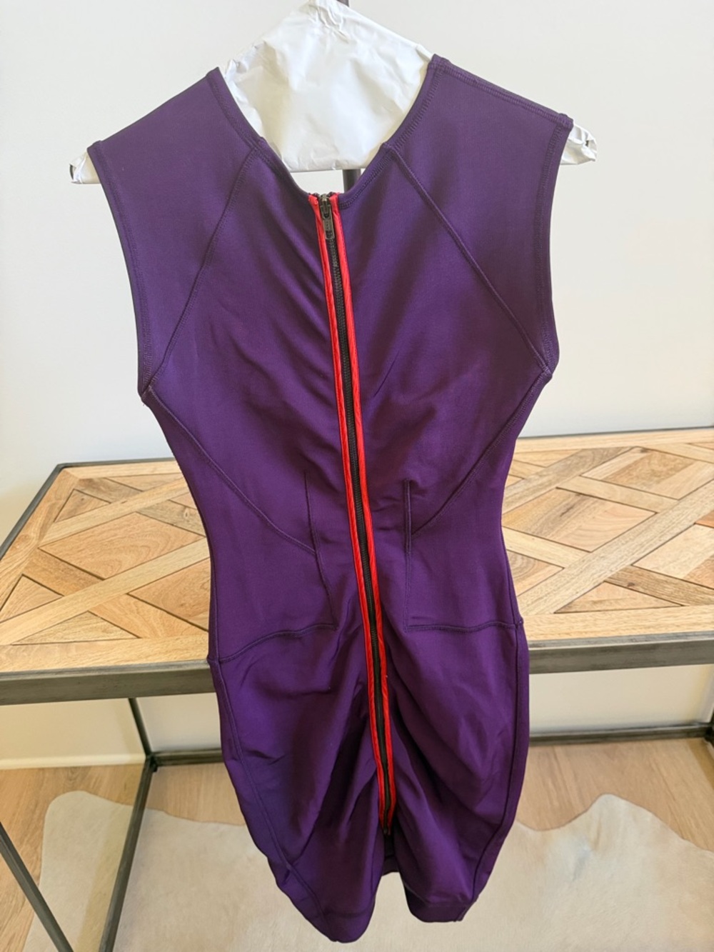 French Connection Purple Backless Bodycon Dress with Red Zip